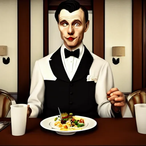 Image similar to a man in a tuxedo sitting at a table with a plate of food, an art deco painting by Patrick Brown, cgsociety contest winner, art deco, rendered in unreal engine, art deco, rendered in cinema4d