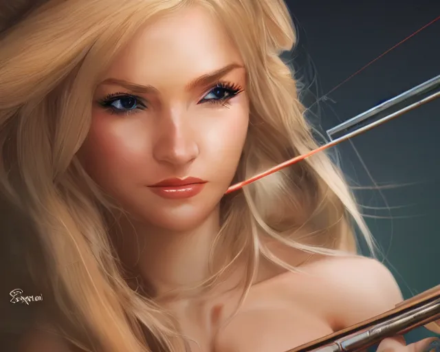 Image similar to closeup of beautiful blonde female sniper aiming at target, award winning sniper photography, extremely detailed, artstation, 8 k, sensual lighting, incredible art, wlop, artgerm, backlit, rim lighting, hi - fructose, cellshading, intricate lineart