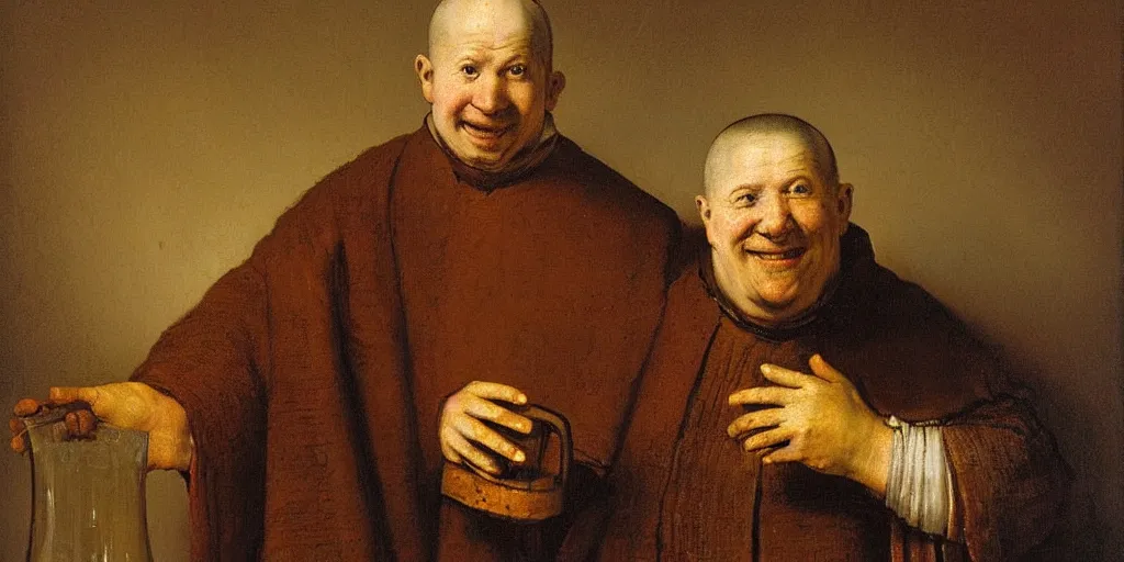 Prompt: a happy trappist monk holding a tremendous beer stein, portrait, by rembrandt