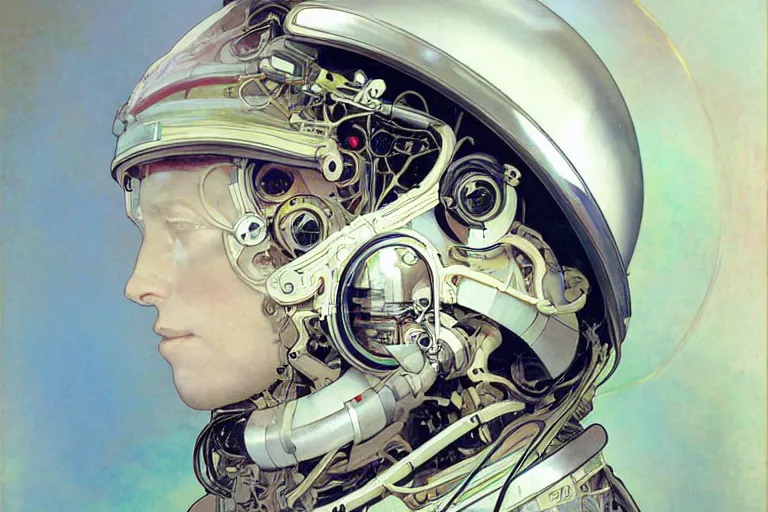 Prompt: portrait of a biomechanical head inside a futuristic space helmet, vintage transistors, white metal, iridescent visor, art by Ruan Jia and Alphonse Mucha,