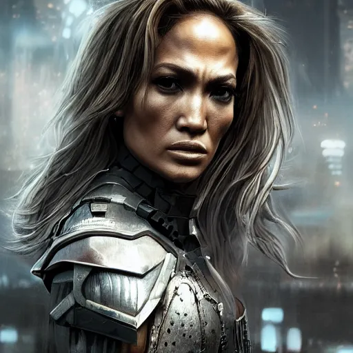 Prompt: jennifer lopez portrait, dystopia core, apocalyptic, armor, warrior, dramatic, sharp focus, fiction, neon, fantasy, hyper detailed, digital art, trending in artstation, cinematic lighting, studio quality, smooth render, unreal engine 5 rendered, octane rendered, art style and nixeu and wlop and krenz cushart