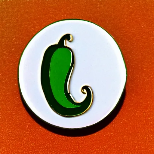 Image similar to a retro minimalistic circle enamel pin depicting an exploding jalapeno, use of negative space allowed, smooth curves