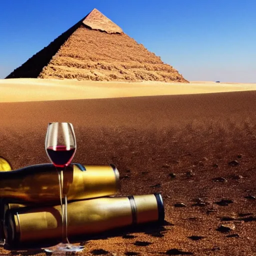 Prompt: wine buried in desert with the pyramids in the background, artistic, hot