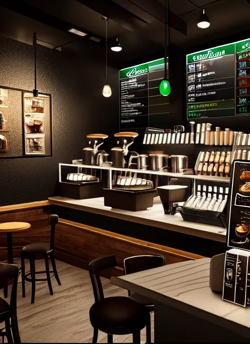 Image similar to hyperrealism, detailed textures, photorealistic 3 d render, a starbucks cafe interior from the view of the barista, ultra realistic, ultra high pixel detail, cinematic, intricate, cinematic light, concept art, illustration, art station, unreal engine 8 k