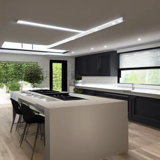Prompt: modern kitchen with led strip lighting roof lantern, homes and gardens, super detailed render, award winning,