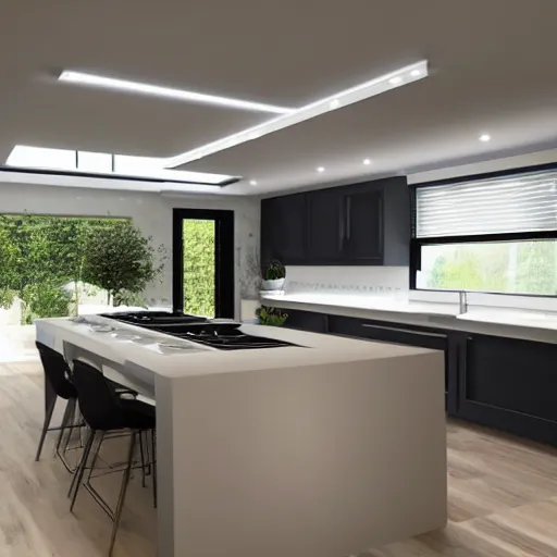 Image similar to modern kitchen with led strip lighting roof lantern, homes and gardens, super detailed render, award winning,