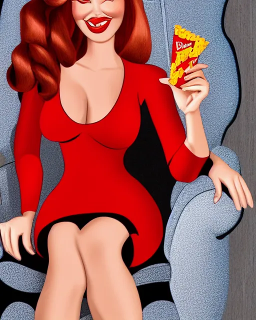 Image similar to Jessica Rabbit wearing red dress eating a bag of Doritos, sitting on a chair, photograph