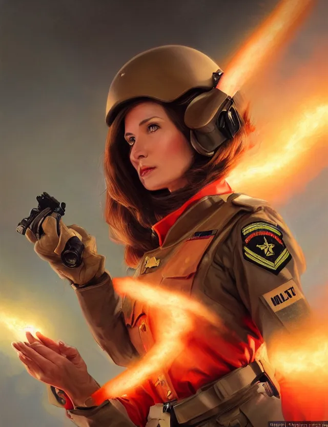 Image similar to a brown - haired woman in a military uniform hovering in the air glowing with red light and crackling energy, by frank fazetta and peter mohrbacher, trending on artstation, digital art, 4 k resolution, detailed, high quality, sharp focus, hq artwork, coherent, insane detail, concept art, character concept, character full body portrait