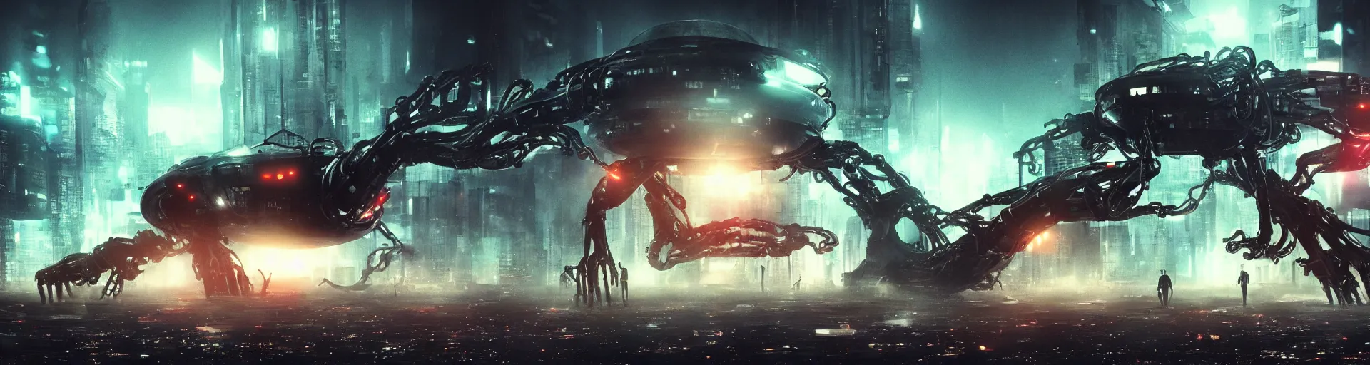 Image similar to apocalyptic ufo scene of cyborg arms with claws reaching out to try and catch fast moving ufos, in the style of blade runner, cyberpunk, laser, smoke, debris