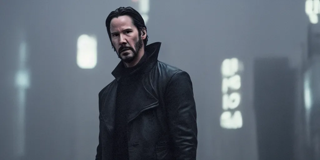 Prompt: Epic cinematic film still of Keanu Reeves in Blade Runner 2049