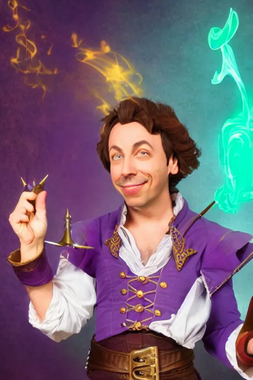 Image similar to Sam Riegel as Scanlan Shorthalt from Vox Machina, Halfling Bard, realistic cinematic shot, flipping you off using a magical glowing purple magic hand, subtle fog and mood lighting