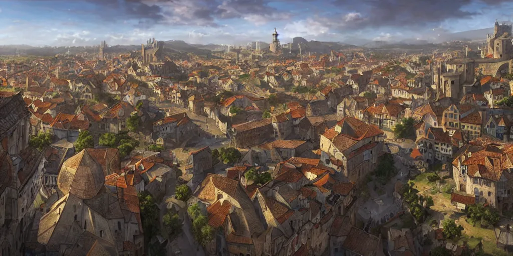 Prompt: medieval port town landscape as seen from above, no people, pokemon sword and sheild, bright future, social realism, highly detailed, digital painting, artstation, concept art, matte, sharp focus, illustration, art by artgerm and greg rutkowski and alphonse mucha