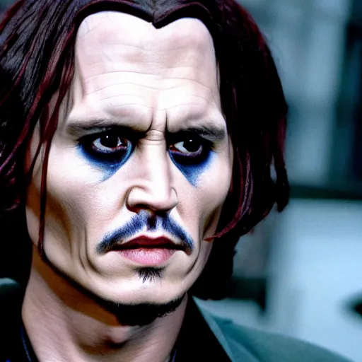 Image similar to Film Still of a Younger Adult Johnny Depp playing Young Adult Voldemort in Harry Potter, Film Still, realistic, hyperrealistic, very realistic, very very realistic, highly detailed, very detailed, extremely detailed, detailed, detailed face, very detailed face, very detailed face, realism, HD Quality, 8k resolution, intricate details, body and head in frame, Real Life