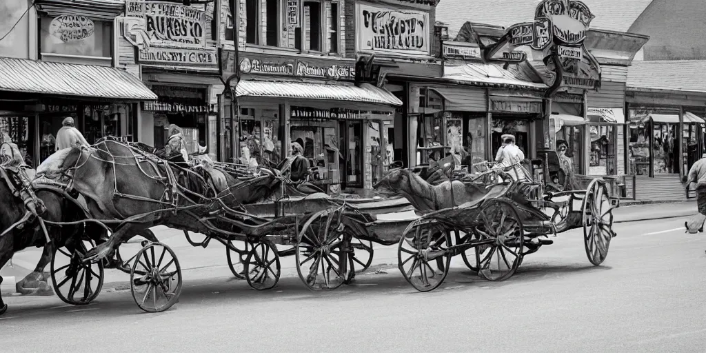 Image similar to huge cowboy pushing a wagon on a busy old west Main Street in the style of Fredrick Remington