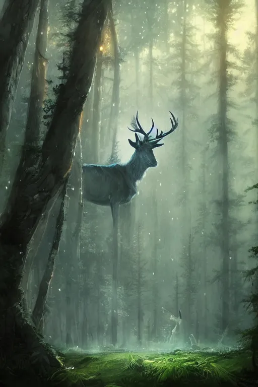 Prompt: Magical White Stag, lush evergreen forest, vivid colors, night scene, 4K, character concept art, oil painting, digital painting, painterly, cinematic lighting, rule of thirds, trending in artstation, cgsociety, by anato finnstark, Artgerm, Greg Rutkowski, Joseph Christian Leyendecker