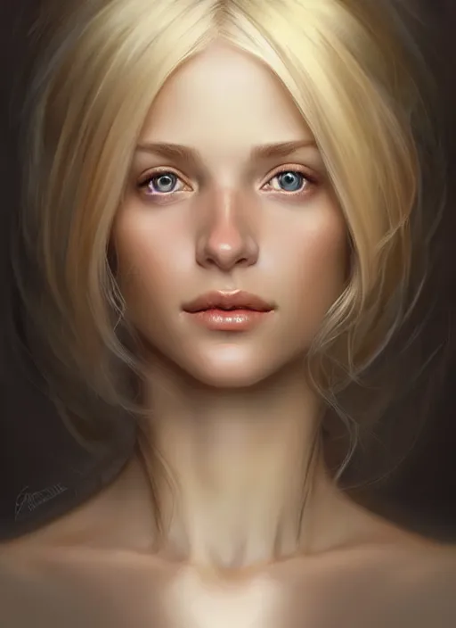 Image similar to beautiful feminine face! portrait of young woman blessed by god with ever - increasing physical mental perfection, blonde, symmetrical! intricate, elegant features, highly detailed, holy perfection!! smile, digital painting, artstation, concept art, smooth, sharp focus, illustration, art by artgerm and greg rutkowski and alphonse mucha