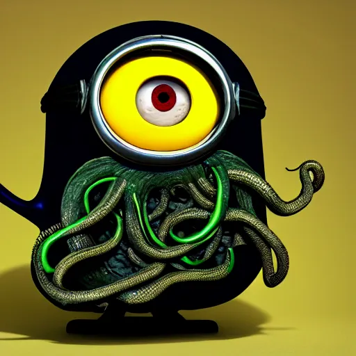 Image similar to Minion as Lovecraft's monster, a lot of tentacles, evil, angry face, dark colours, green colours, high resolution, 50 mm, extremely realistic, cave
