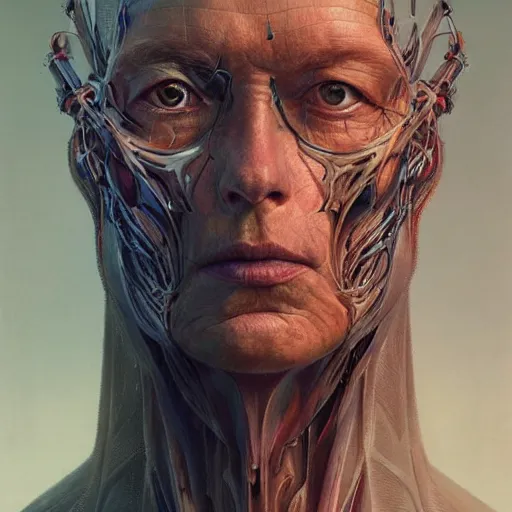 Prompt: centered front face portrait art of an ultradetailed evil neuronal cyborg, by greg rutkowski and Zdzisław Beksiński, illustration, photorealistic, 8k, intricate, futuristic, dramatic light, trending on cg society