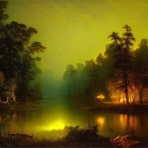 Prompt: an enchanted forest full of fireflies, night, warm light, by albert bierstadt