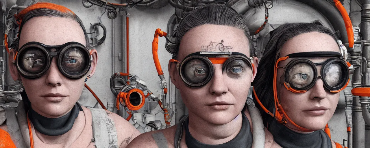 Prompt: character concept art 3 / 4 portrait of tattooed stoic heroic emotionless butch blonde woman engineer with short slicked - back hair, wearing dark victorian goggles, wearing orange bandana around neck, working inside reactor room, awkward and uncomfortable and anxious, dirty, ron cobb. industrial space program, scifi, hyper detailed. octane render. trending on artstation