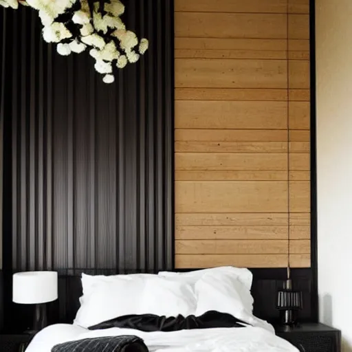 Image similar to bedroom, stone, interior design, stylish luxury hotel bedroom design, yakisugi, black vertical slatted timber, textures, feminine, black walls, art, Japanese pottery vase with flowers, kakejiku, seasonal, Japanese influences