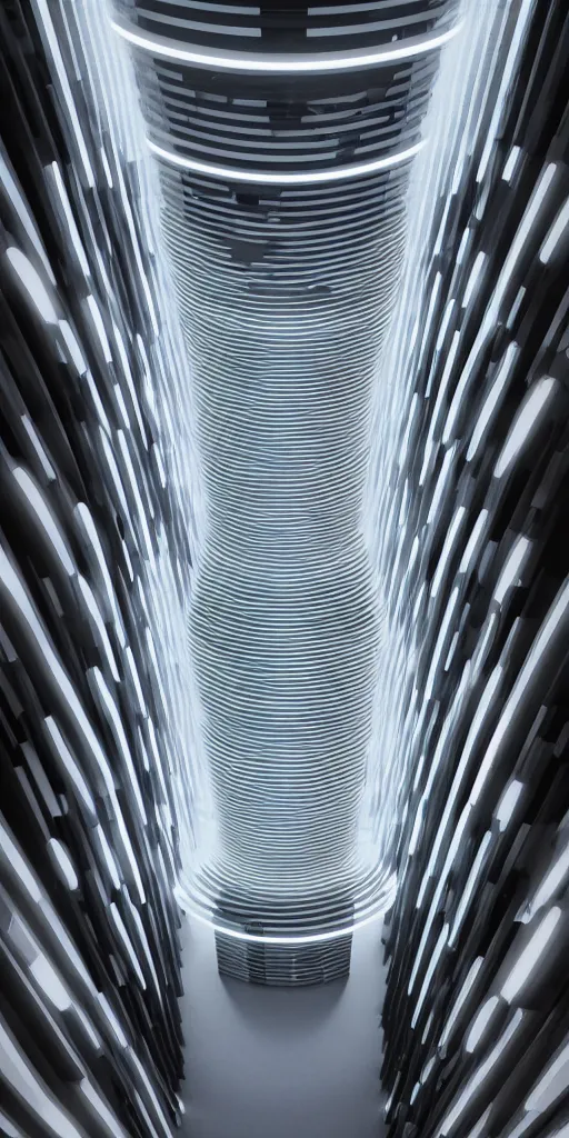 Prompt: a beautiful futuristic vertical lobby, volumetric light, smooth, smooth curvilinear design, 8K