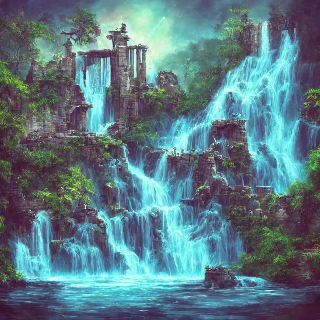 Prompt: ancient structure with waterfalls, retrowave epic art, trending on art station