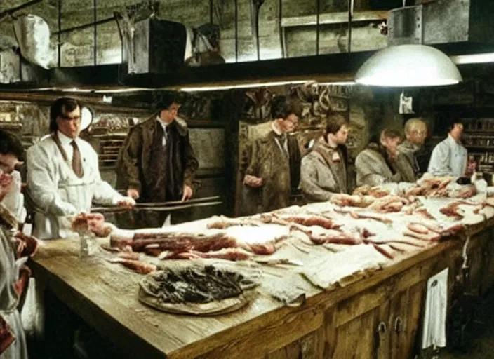 Prompt: a film still of a butchery in harry potter