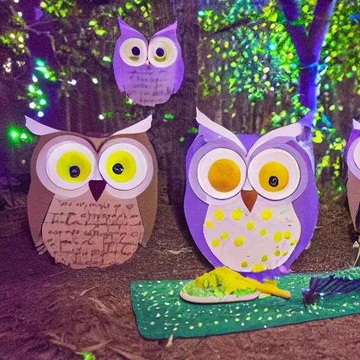 Image similar to photo of owl birthday party in the woods at night