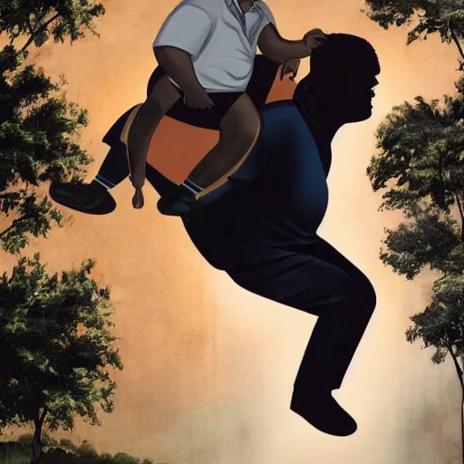 Image similar to a little black person rides on the shoulder's of a huge 7 ft tall 5 0 0 pound black man. hyperreal - h 6 4 0