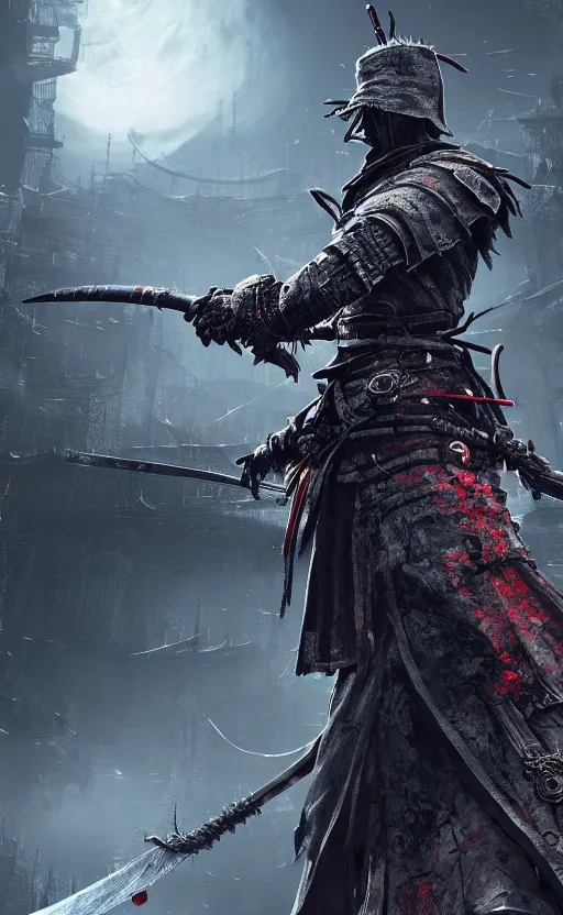 Image similar to an ultrawide photo of cyberpunk samurai with double sword, bloodborne concept art, 4 k