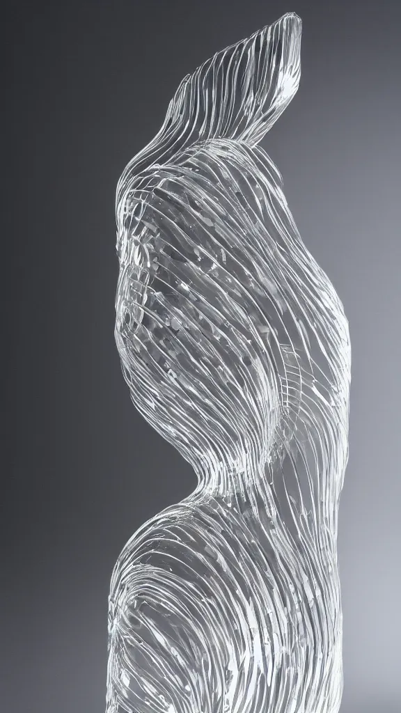 Prompt: a glass statue made of curves against a black background