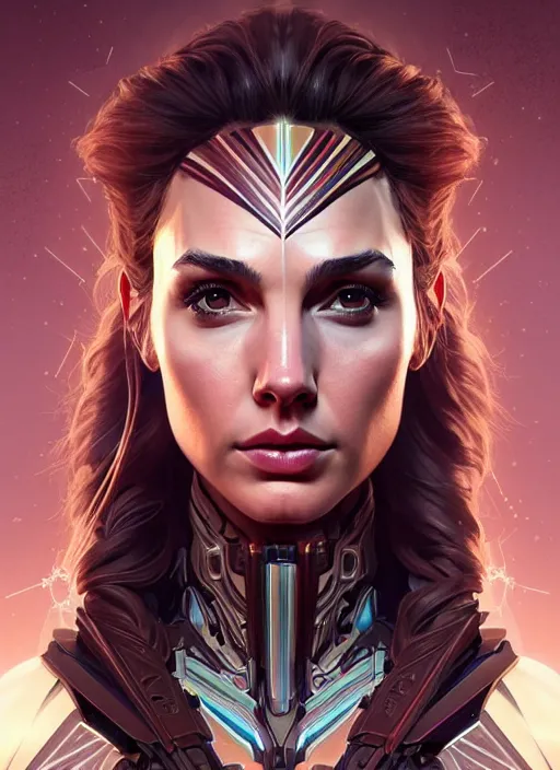 Image similar to symmetry!! portrait of gal gadot, floral! horizon zero dawn machine, intricate, elegant, highly detailed, digital painting, artstation, concept art, smooth, sharp focus, illustration, art by artgerm and greg rutkowski and alphonse mucha, 8 k