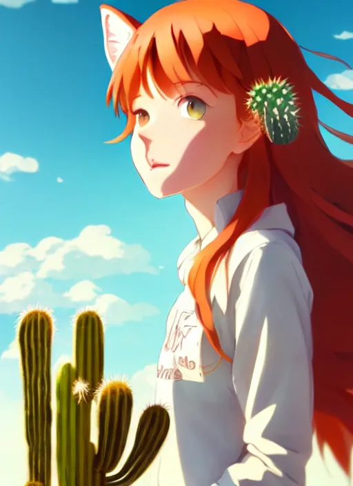 Image similar to portrait of cute redhead girl with fox ears, holding a cactus, cloudy sky background lush landscape illustration concept art anime key visual trending pixiv fanbox by wlop and greg rutkowski and makoto shinkai and studio ghibli