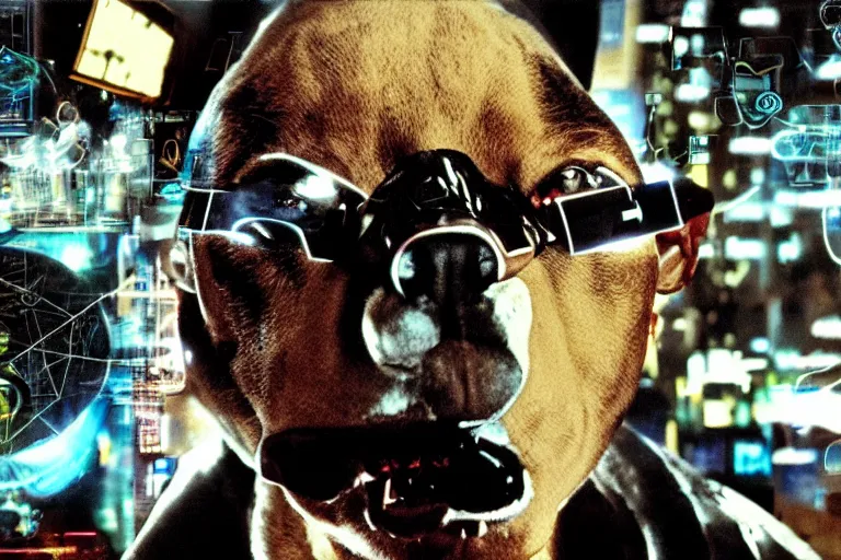 Prompt: cyborg - pitbull, surrounded by screens, in 2 0 0 1, y 2 k cybercore, industrial low - light photography, still from a ridley scott movie