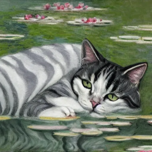 Prompt: a white and grey tabby cat, with a black and grey striped head and white nose, lying on a lilypad floating on a lake, in the style of Water Lilies painting by Monet