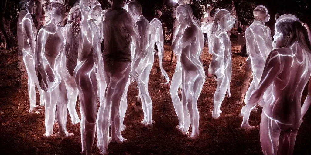 Image similar to love, translucent people with glowing body paint, from behind, rebirth, wide angle, cinematic atmosphere, elaborate, highly detailed, dramatic lighting