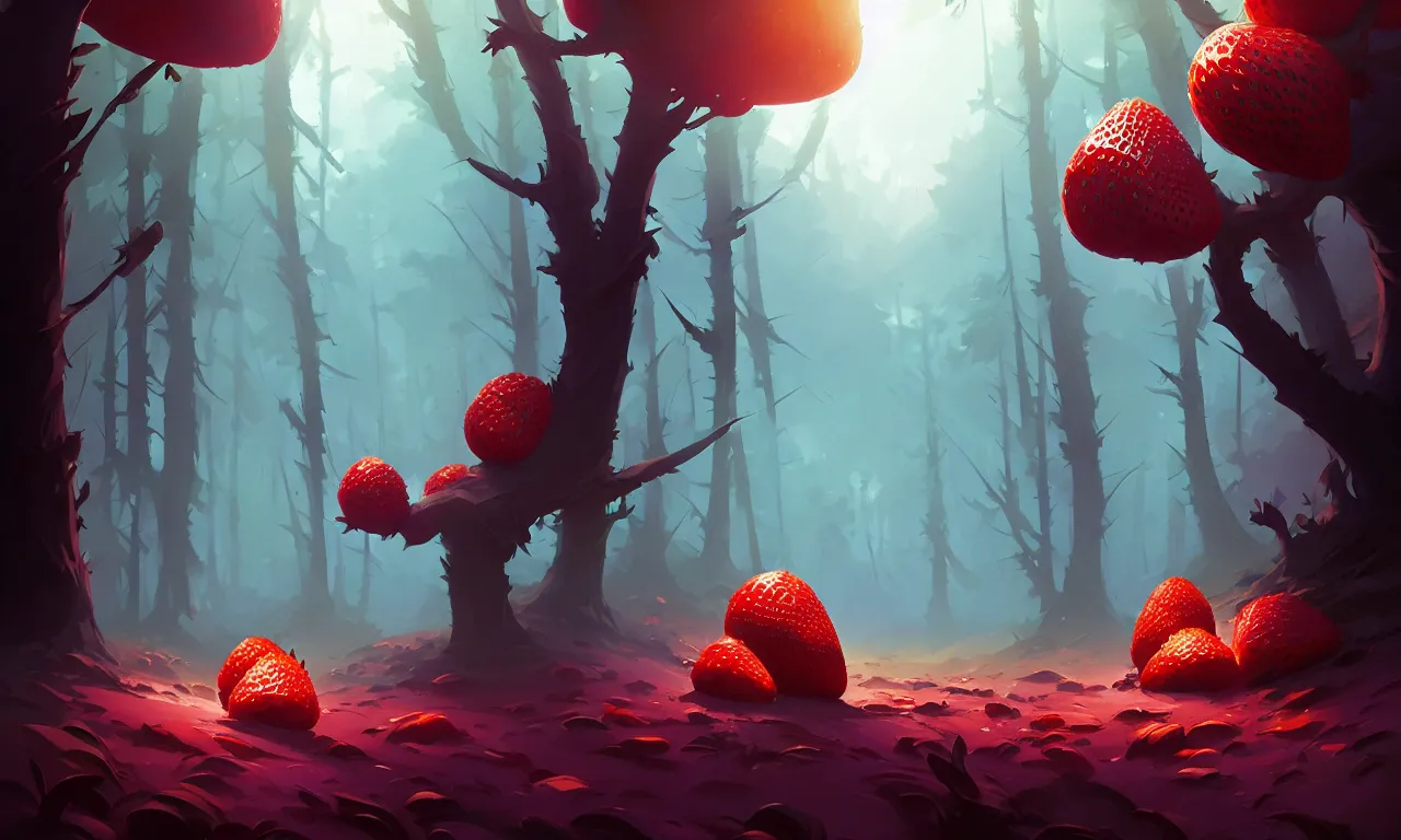 Image similar to Dark forest large strawberries, behance hd by Jesper Ejsing, by RHADS, Makoto Shinkai and Lois van baarle, ilya kuvshinov, rossdraws global illumination