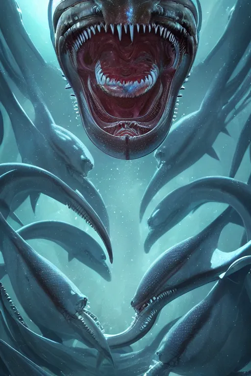 Image similar to underwater xenomorph alien mixed with sharks extra teeth, tentacles, highly detailed, digital painting, artstation, concept art, smooth, sharp focus, illustration, unreal engine 5, 8 k, art by artgerm and greg rutkowski and alphonse mucha and ifbb pro fitness photograph