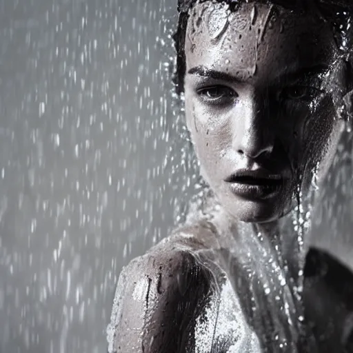 Prompt: close up of face of a wet fashion model in luxury dress, heavy rain, dramatic lighting, official dior editorial, highly detailed