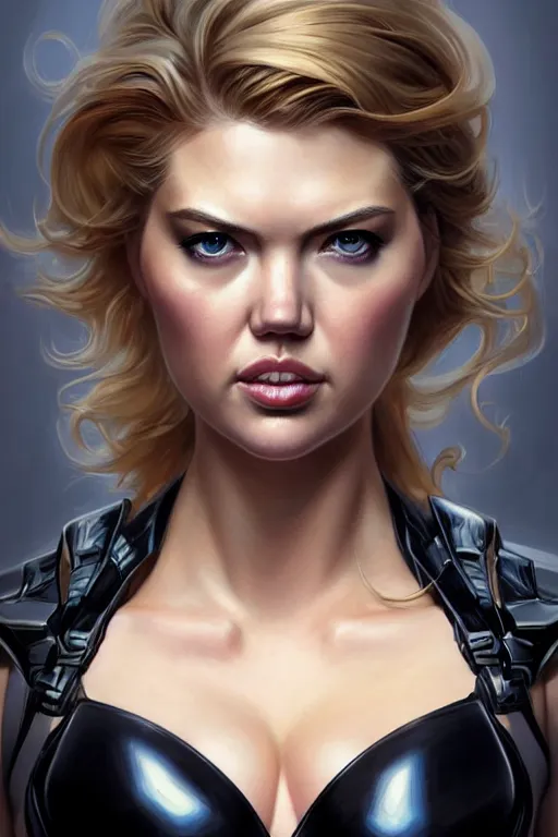 Image similar to kate upton as black widow, realistic portrait, symmetrical, highly detailed, digital painting, artstation, concept art, smooth, sharp focus, illustration, cinematic lighting, art by artgerm and greg rutkowski and alphonse mucha