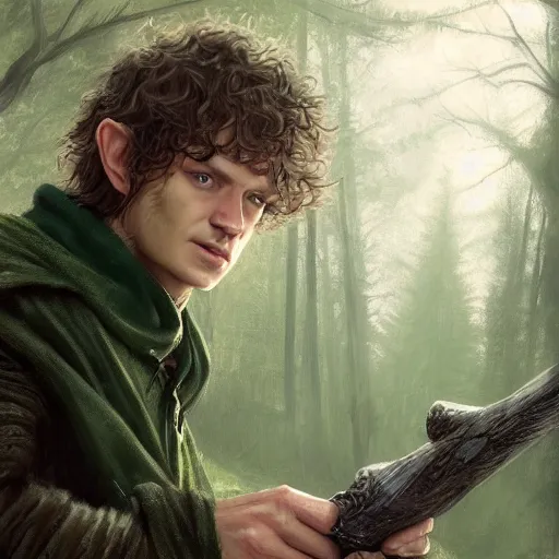 Image similar to a portrait of a handsome hobbit rogue wearing a dark green hood and a cloak in the forest, wearing adventure gear, holding a sword, ultra realistic, detailed, masterpiece, short hair cut, clean shaven, by Tony Sart and Randy Vargas and Greg Rutkowski, trending on ArtStation