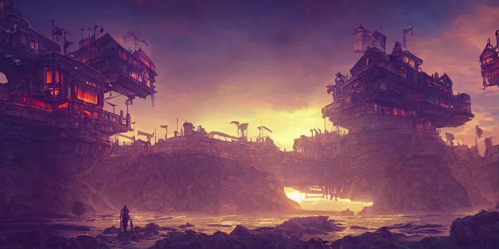 Prompt: cyberpunk fantasy valley floating castle stylized digital illustration sunset hue cinematic atmosphere retro kingdom civilization architecture iridescence steampunk global illumination ray tracing