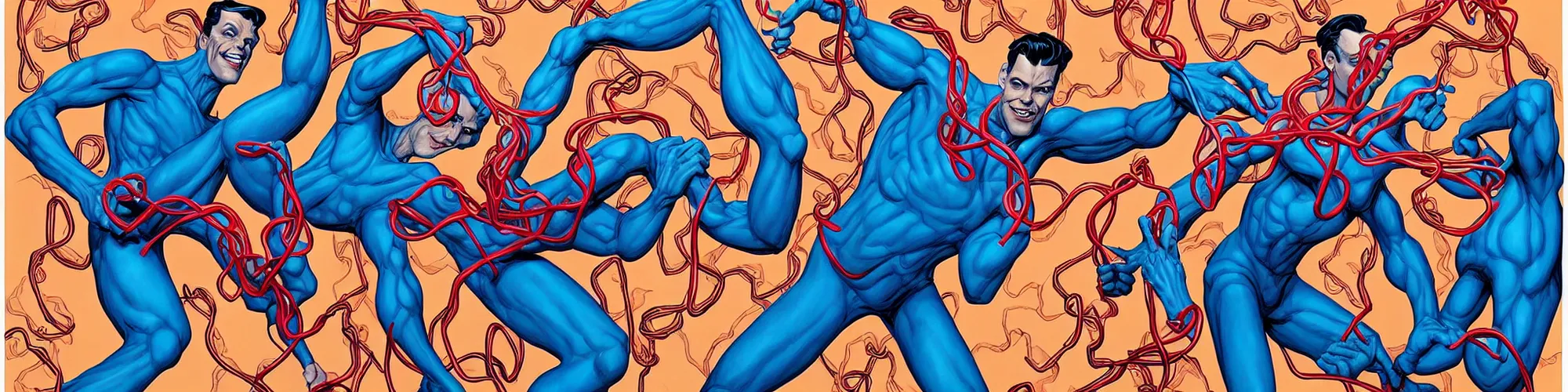 Image similar to mr. fantastic and plastic man showing off their weird limbs illustrated by james jean with very long hands and arms and fingers and legs and feet twirling and twisting around