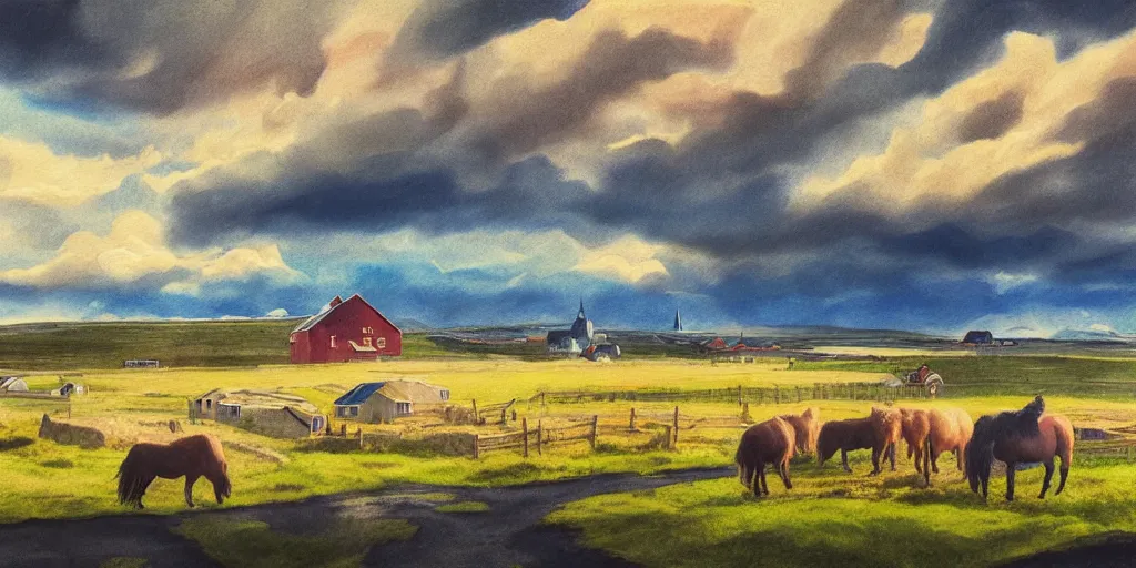 Prompt: a beautiful painting of a icelandic farm, icelandic horses galloping, storm clouds gathering over the town, by studio ghibli 8 k pastel colours, isometric, three point perspective, drone shot, smeared watercolours, golden light, film grain