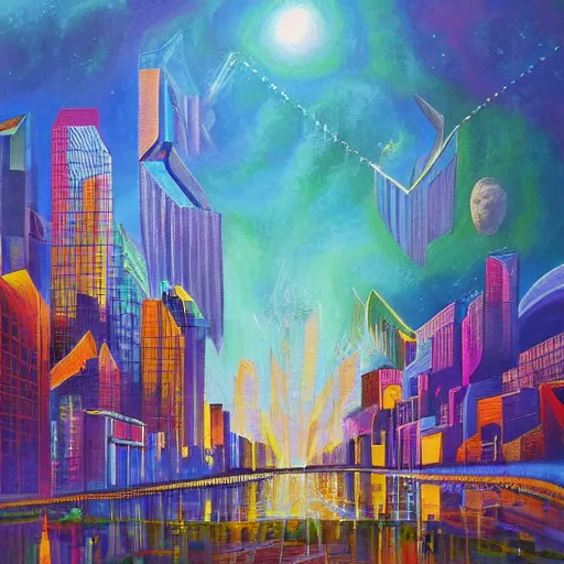 Image similar to the city of Infinite potential, painting by Ron Borreson