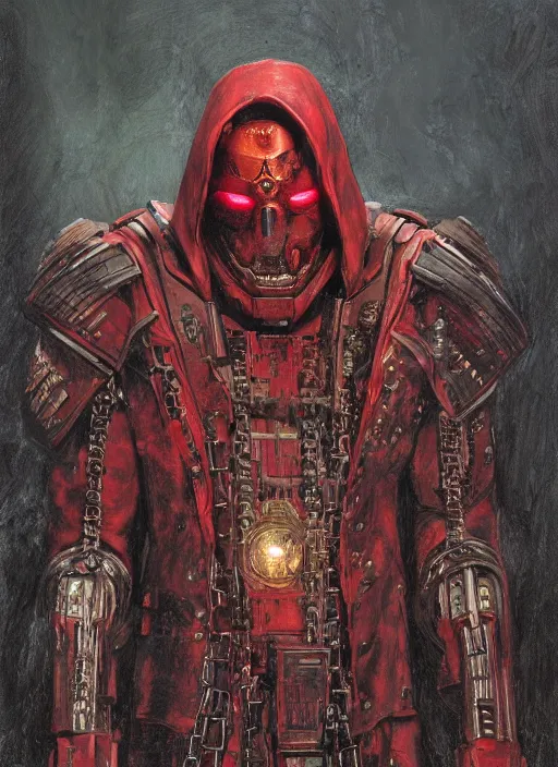 Image similar to portrait of rotten Nicolas Cage as adeptus mechanicus in red hood and robe from Warhammer 40000. Highly detailed, artstation, illustration by and John Blanche and zdislav beksinski and wayne barlowe and Gustav Klimt