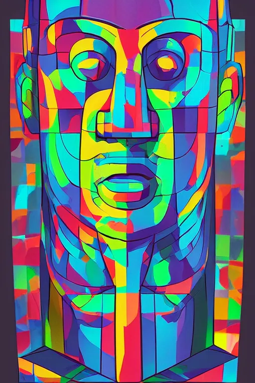 Image similar to cubist moai statue cutout digital illustration cartoon colorful beeple