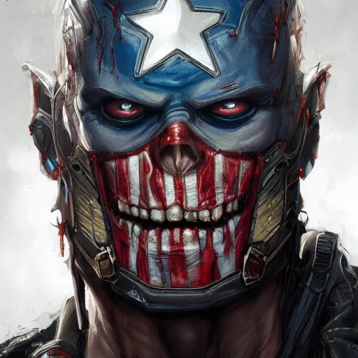 Image similar to zombie captain America, fantasy, intricate, highly detailed, digital painting, artstation, concept art, smooth, sharp focus, illustration, art by artgerm and greg rutkowski and alphonse mucha