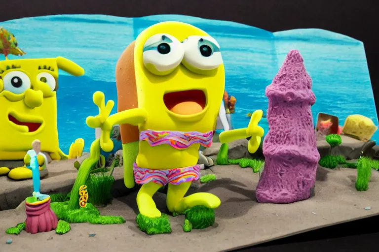 Image similar to miniatures photography of bikini bottom ( spongebob location ), everything has a plasticine sheen
